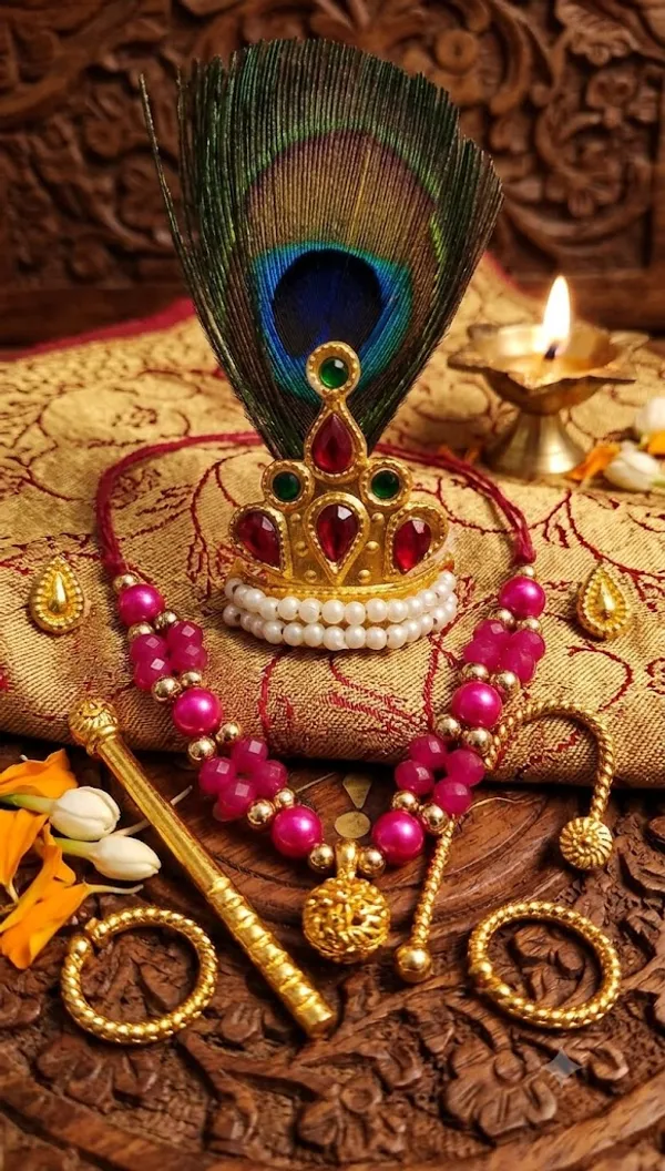 3-Piece_Laddu_Gopal_Poshak_Combo_with_Peacock_Feather_Mukut_Mala_Set_Assorted_Colors,_Same_Design