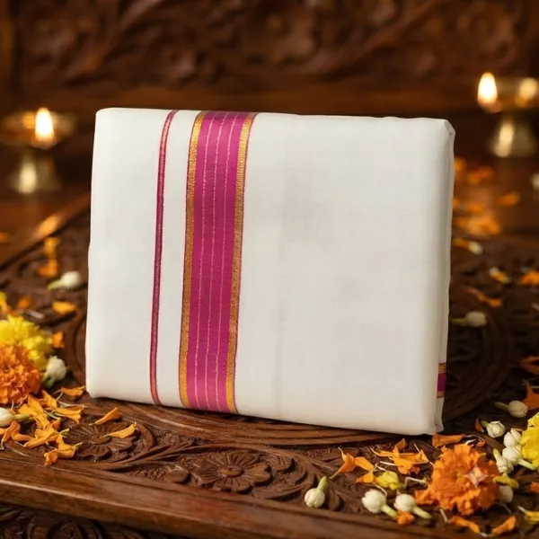 Premium_White_Cotton_Full-Length_Dhoti_with_Bold_Violet_And_Gold_Zari_Border_4.25_Mtrs