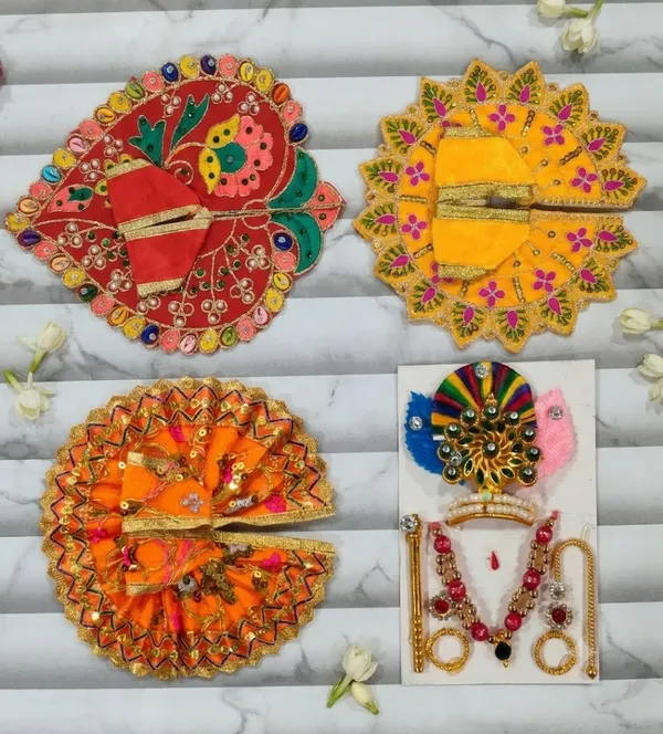 Laddu_Gopal_Poshak_Combo_Set_Size_3_-_3pc_Dress_And_1pc_Mukut_Mala_Jewellery_Set_Assorted_Colors,_Same_Design
