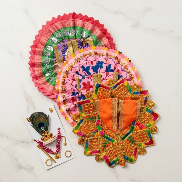 3-Piece_Laddu_Gopal_Poshak_Combo_with_Peacock_Feather_Mukut_Mala_Set_Assorted_Colors,_Same_Design