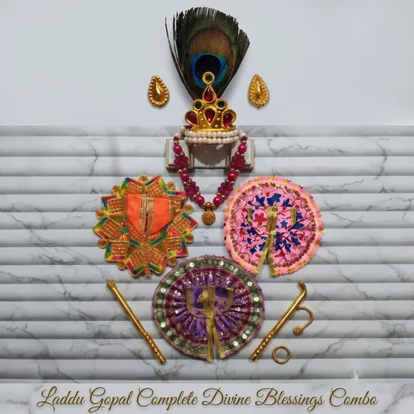 3-Piece_Laddu_Gopal_Poshak_Combo_with_Peacock_Feather_Mukut_Mala_Set_Assorted_Colors,_Same_Design