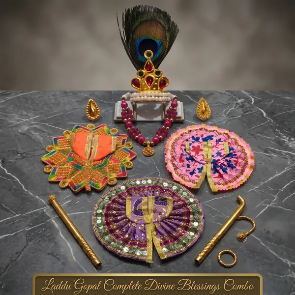 3-Piece_Laddu_Gopal_Poshak_Combo_with_Peacock_Feather_Mukut_Mala_Set_Assorted_Colors,_Same_Design