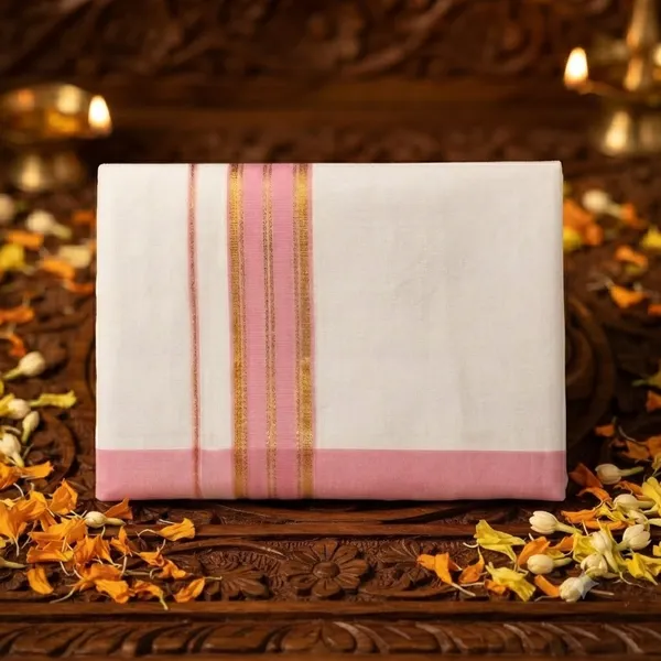 Premium_White_Cotton_Full-Length_Dhoti_with_Bold_Baby_Pink_And_Gold_Zari_Border_4.25_Mtrs