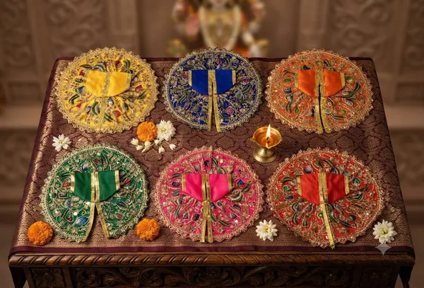 Laddu_Gopal_Heavy_Poshak_Combo_Size_4_-_2-Piece_Embroidered_Velvet_And_Makmal_Dress_with_1_Stone-Work_Mukut_Assorted_Colors,_Same_Design