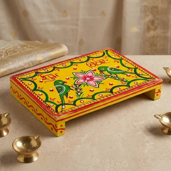 Hand-Painted_Traditional_Yellow_'Shubh_Vivah'_Wedding_Pedha_with_Hand-Painted_Parrot_Motifs