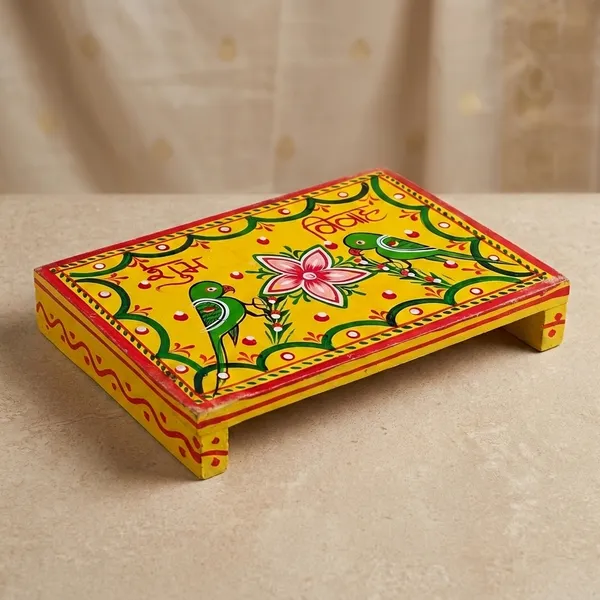 Hand-Painted_Traditional_Yellow_'Shubh_Vivah'_Wedding_Pedha_with_Hand-Painted_Parrot_Motifs