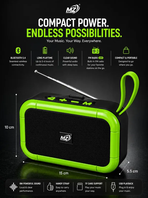 Mz_Black_Green_Bluetooth_5.4_Portable_Fm_Radio_Speaker