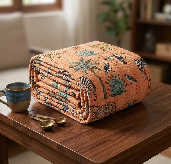 Peach_Color_Cotton_Jungle_Printed_Kantha_Bed_Sheet_For_Home