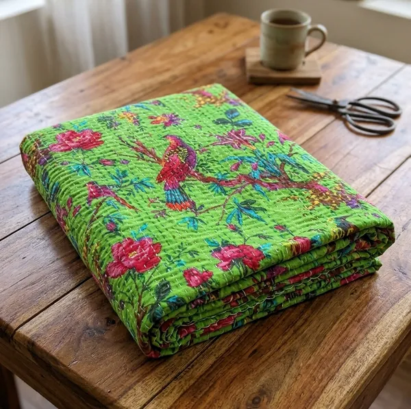 Parrot_Green_Cotton_Bird_Printed_Bed_Sheet_Twin_Size_For_Home