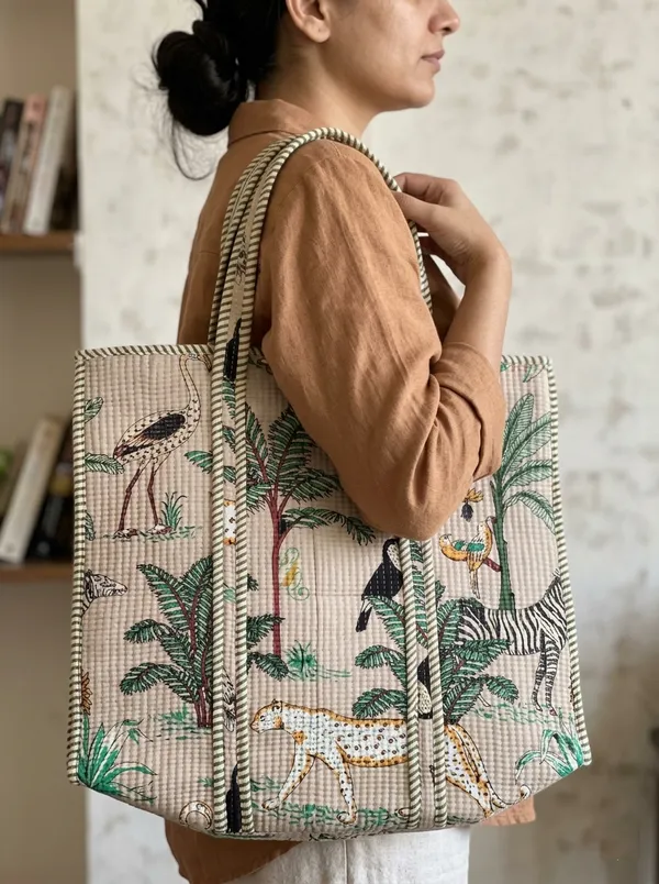 Beige_Jungle_Print_Cotton_Tote_Bags_Kantha_Pattern_For_Women