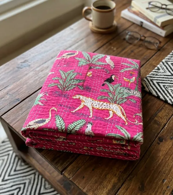 Pink_Cotton_Jungle_Print_Kantha_Bed_Sheet_For_Home