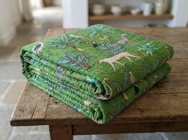 Green_Cotton_Kantha_Green_Jungle_Safari_Print_Bed_Sheet_For_Home