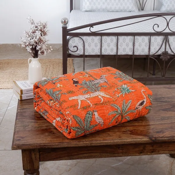 Orange_Jungle_printed_Cotton_kantha_Bedsheet_Size_90x60_Inch