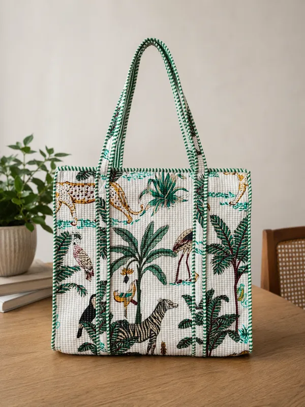 White_Jungle_Print_Tote_Bags_Kantha_Pattern_Size_18x18_Inch