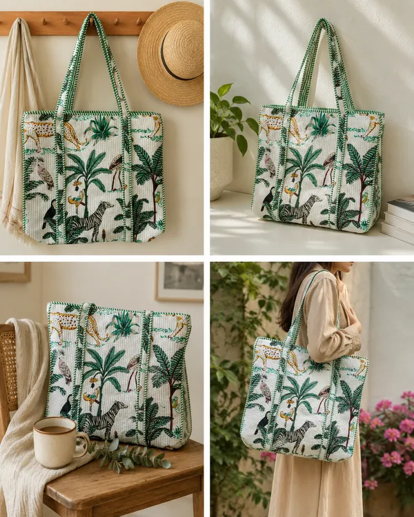 White_Jungle_Print_Tote_Bags_Kantha_Pattern_Size_18x18_Inch