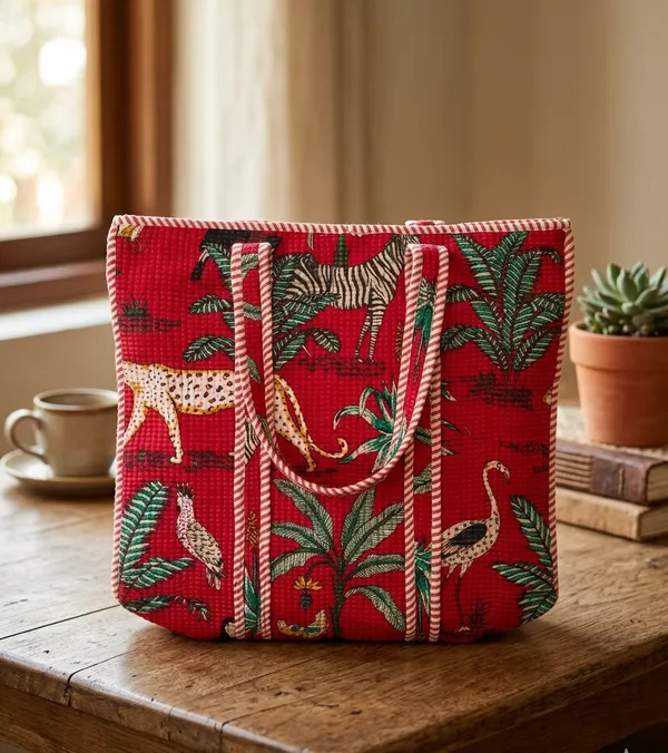 Red_Cotton_Kantha_Tropical_Print_Tote_Bag_For_Women