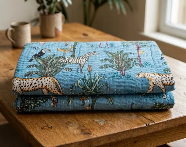 Light_Sky_Blue_Cotton_Jungle_Print_Kantha_Bed_Sheet_Twin_Size_For_Home