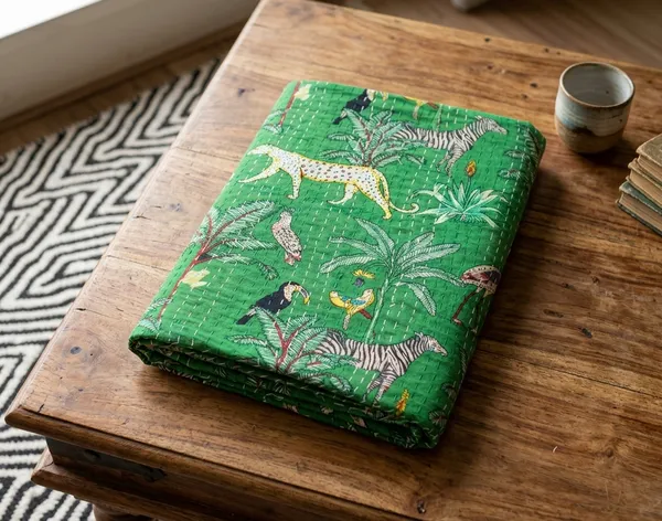 Green_Cotton_Kantha_Green_Jungle_Safari_Print_Bed_Sheet_For_Home