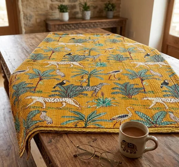 Jungle_print_kantha_Bedsheet_Size_90x60_InchMustard_yellow