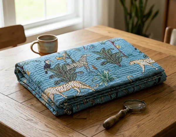 Light_Sky_Blue_Cotton_Jungle_Print_Kantha_Bed_Sheet_Twin_Size_For_Home