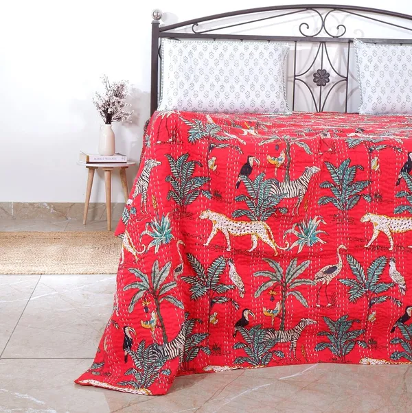 Red_Cotton_Jungle_Print_Kantha_Bed_Sheet_For_Home