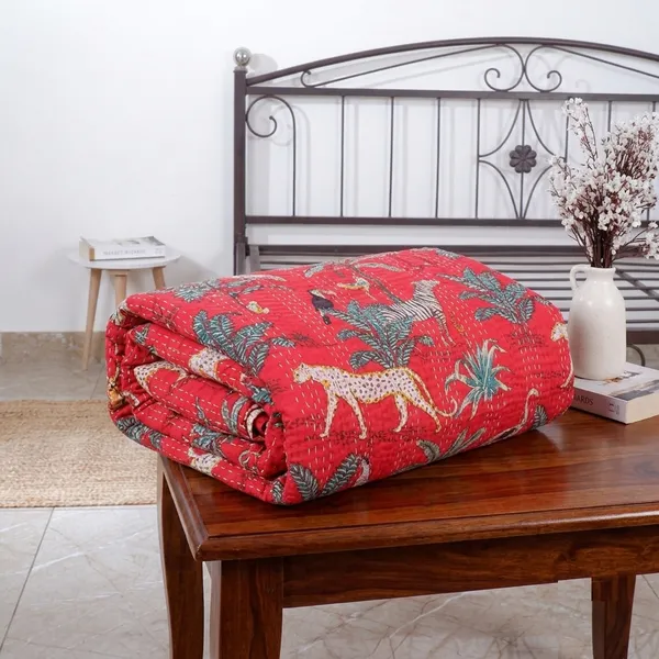 Red_Cotton_Jungle_Print_Kantha_Bed_Sheet_For_Home