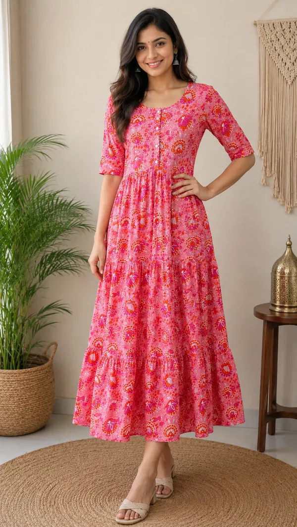 Pink_flower_Printed_Rayon_Fab_Tiered_Midi_Dress_for_Women
