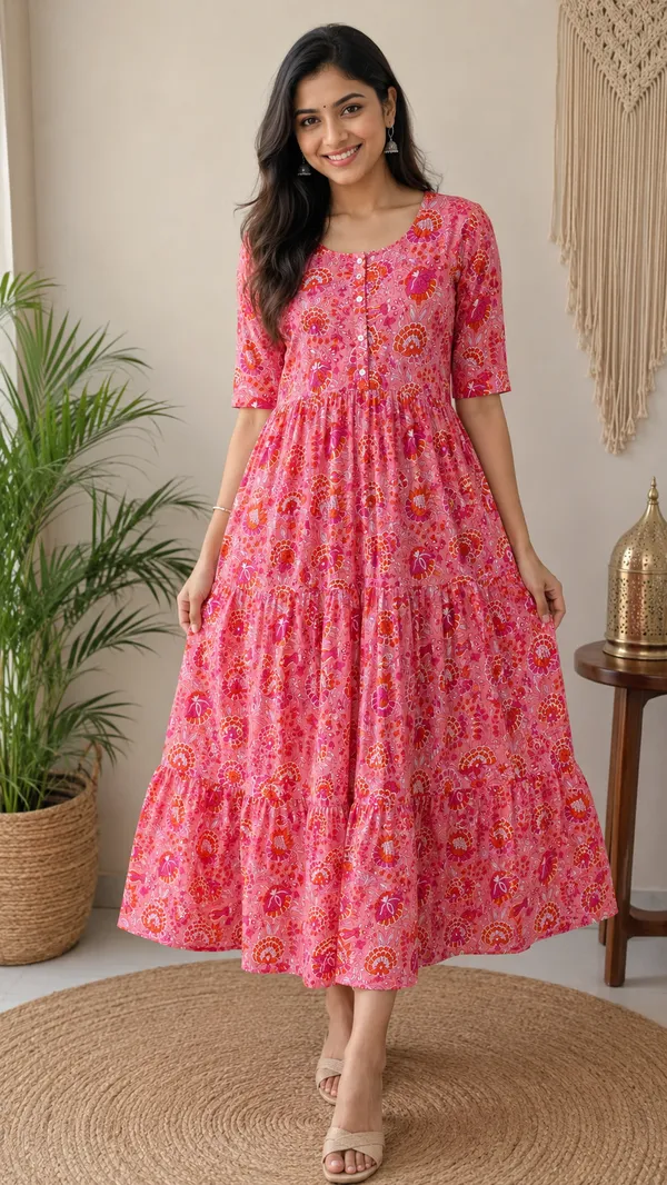 Pink_flower_Printed_Rayon_Fab_Tiered_Midi_Dress_for_Women