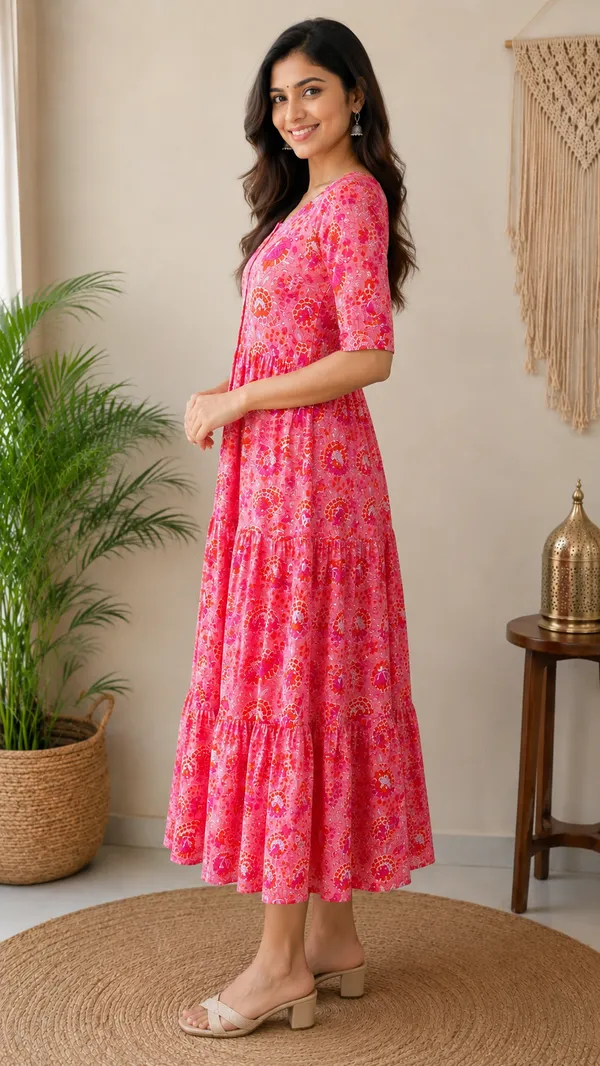 Pink_flower_Printed_Rayon_Fab_Tiered_Midi_Dress_for_Women