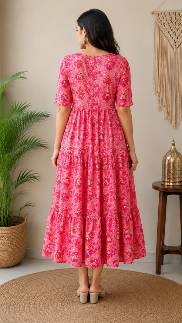Pink_flower_Printed_Rayon_Fab_Tiered_Midi_Dress_for_Women