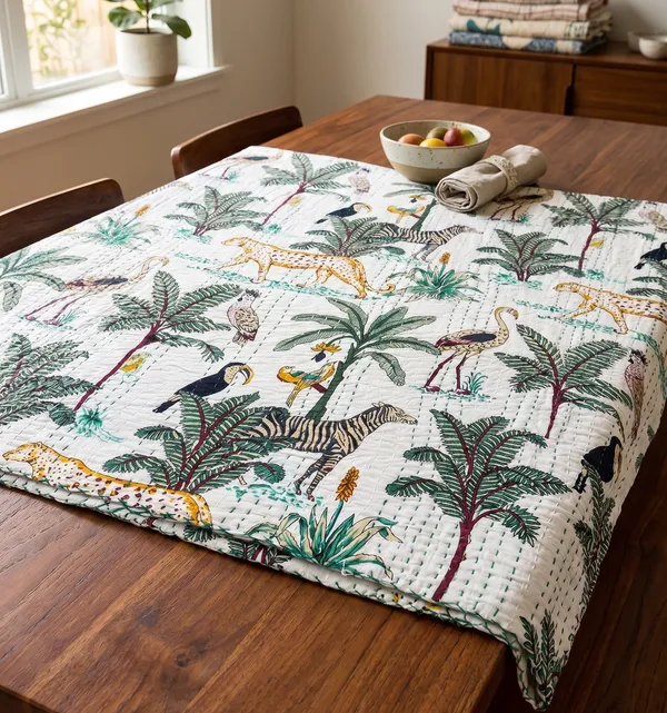 Jungle_print_kantha_Bedsheet_Size_90x60_InchWhite
