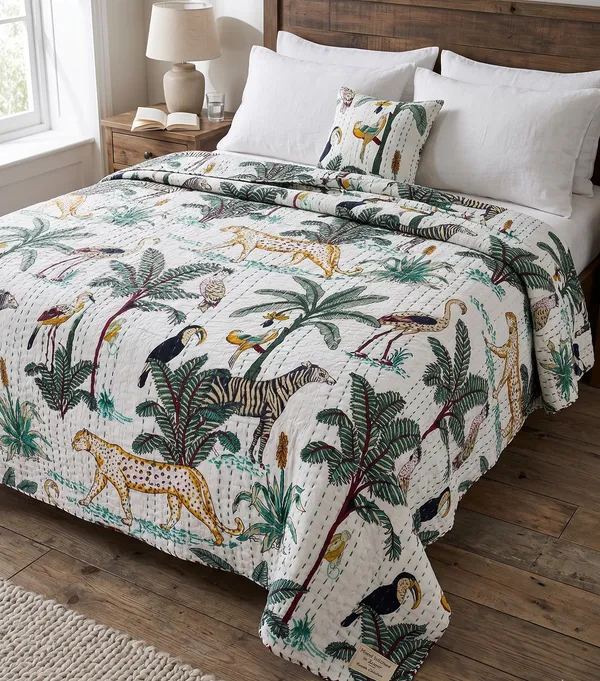 Jungle_print_kantha_Bedsheet_Size_90x60_InchWhite