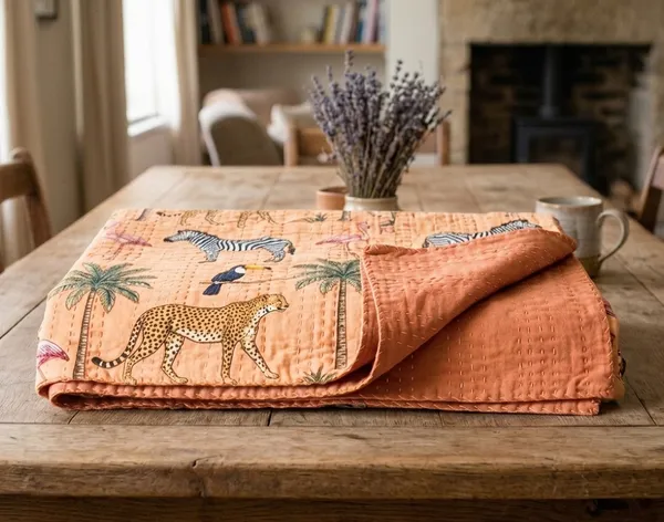Peach_Color_Cotton_Jungle_Printed_Kantha_Bed_Sheet_For_Home