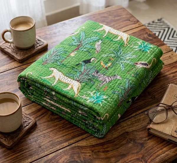 Green_Cotton_Kantha_Green_Jungle_Safari_Print_Bed_Sheet_For_Home