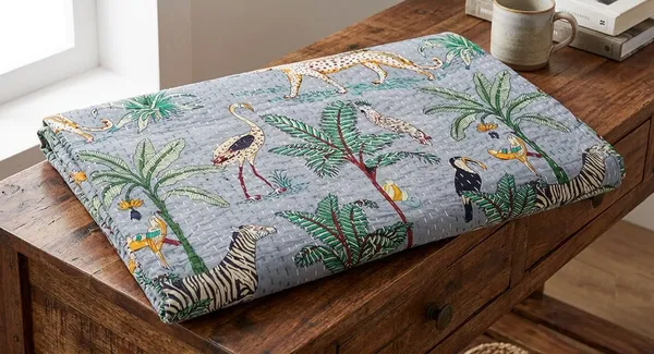 Jungle_print_kantha_Bedsheet_Size_90x60_Inch_Gray