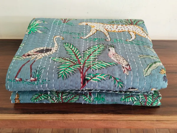 Jungle_print_kantha_Bedsheet_Size_90x60_Inch_Gray