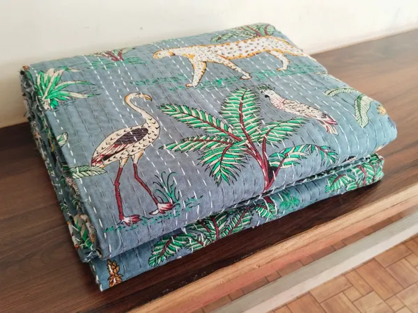 Jungle_print_kantha_Bedsheet_Size_90x60_Inch_Gray