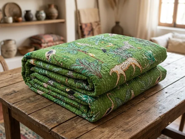 Green_Cotton_Kantha_Green_Jungle_Safari_Print_Bed_Sheet_For_Home