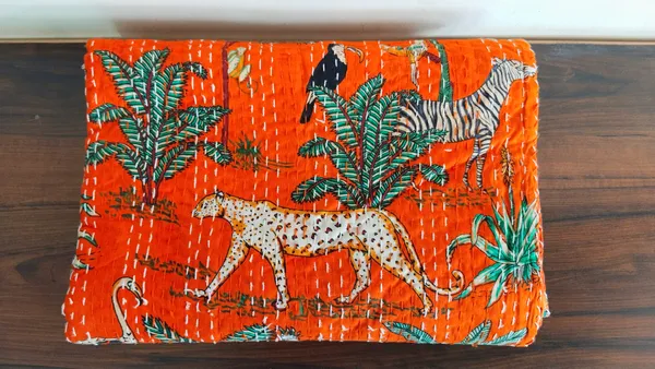 Orange_Jungle_printed_Cotton_kantha_Bedsheet_Size_90x60_Inch