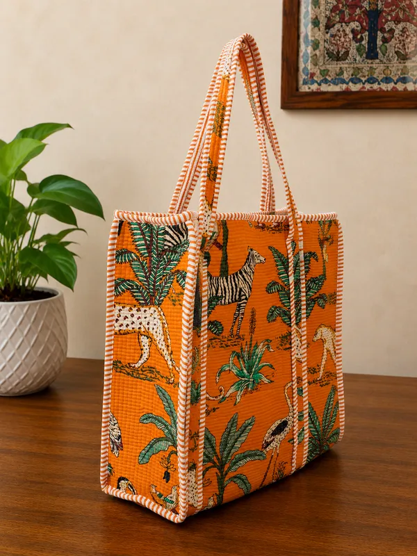 Orange_Jungle_Print_Cotton_Tote_Bags_Kantha_Pattern_For_Women