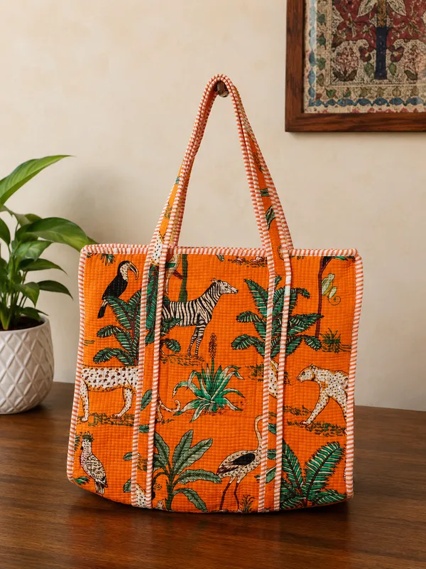 Orange_Jungle_Print_Cotton_Tote_Bags_Kantha_Pattern_For_Women