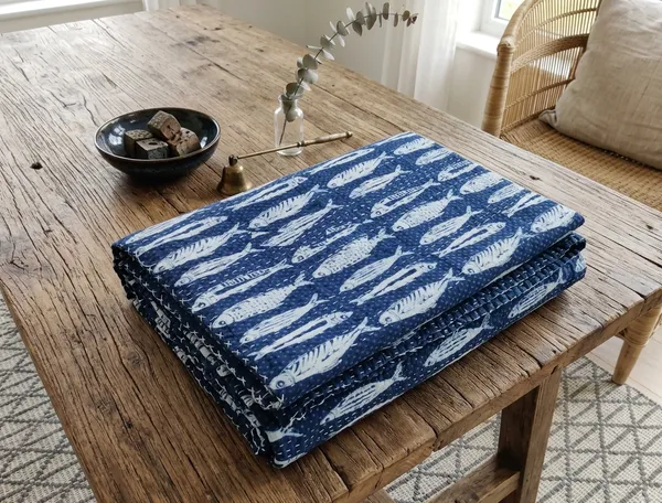 Blue_Cotton_Fish_Block_Printed_Cotton_Kantha_Quilt_Twin_Size_For_Home