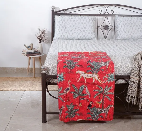 Red_Cotton_Jungle_Print_Kantha_Bed_Sheet_For_Home