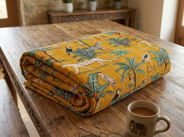 Jungle_print_kantha_Bedsheet_Size_90x60_InchMustard_yellow