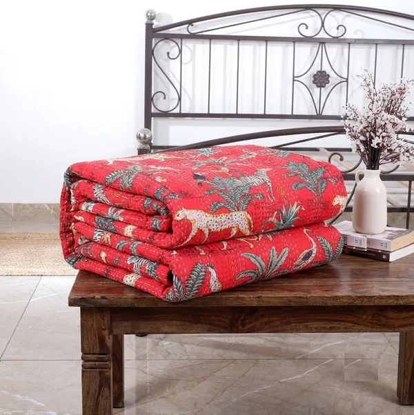 Red_Cotton_Jungle_Print_Kantha_Bed_Sheet_For_Home