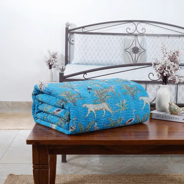 Turquoise_Cotton_Jungle_Print_Kantha_Bed_Sheet_twin_Size_For_Home