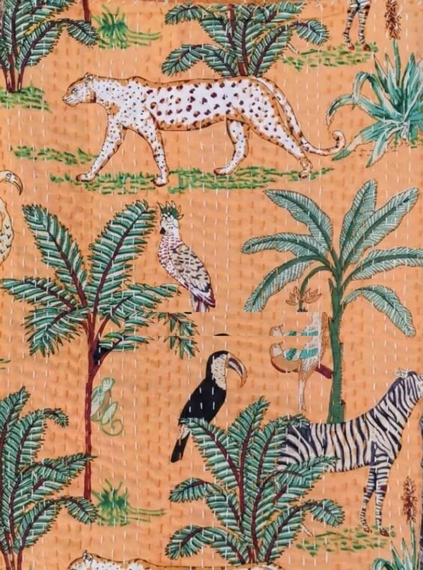 Peach_Color_Cotton_Jungle_Printed_Kantha_Bed_Sheet_For_Home