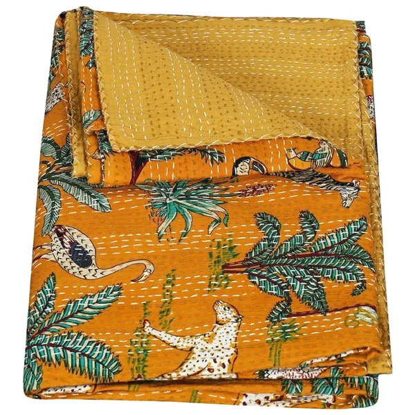 Jungle_print_kantha_Bedsheet_Size_90x60_InchMustard_yellow
