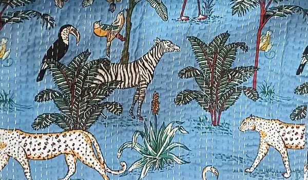 Light_Sky_Blue_Cotton_Jungle_Print_Kantha_Bed_Sheet_Twin_Size_For_Home