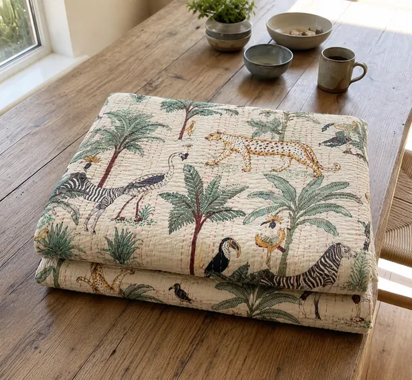Jungle_print_kantha_Bedsheet_Size_90x60_Inch_Beige